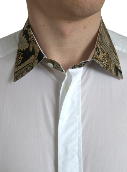 Dolce & Gabbana White Cotton Jacquard Formal GOLD Dress Shirt - Ellie Belle