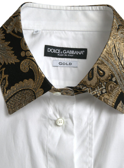 Dolce & Gabbana White Cotton Jacquard Formal GOLD Dress Shirt - Ellie Belle