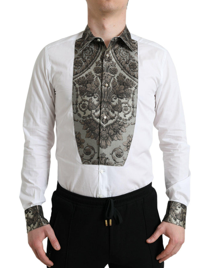 Dolce & Gabbana White Floral Brocade GOLD Dress Shirt - Ellie Belle