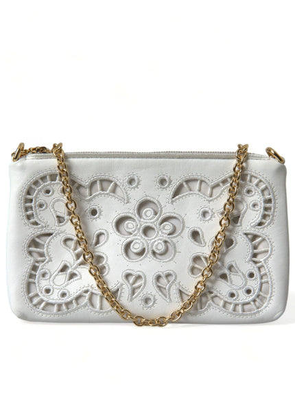 Dolce & Gabbana White Floral Embroidered Leather Chain Clutch Bag - Ellie Belle