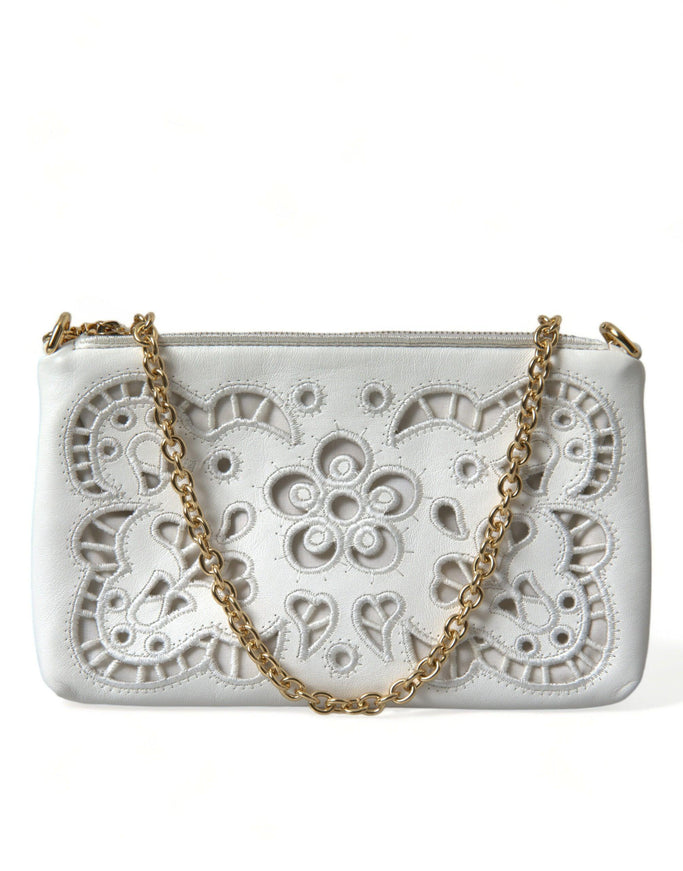 Dolce & Gabbana White Floral Embroidered Leather Chain Clutch Bag - Ellie Belle