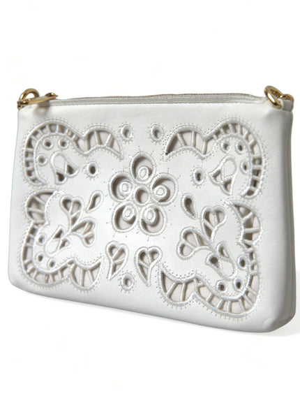 Dolce & Gabbana White Floral Embroidered Leather Chain Clutch Bag - Ellie Belle