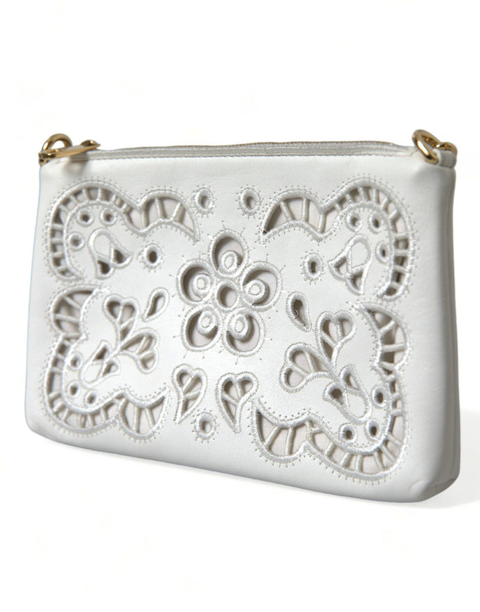 Dolce & Gabbana White Floral Embroidered Leather Chain Clutch Bag - Ellie Belle