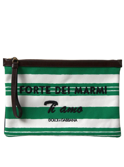 Dolce & Gabbana White Green Stripes Cotton Printed Clutch Bag - Ellie Belle