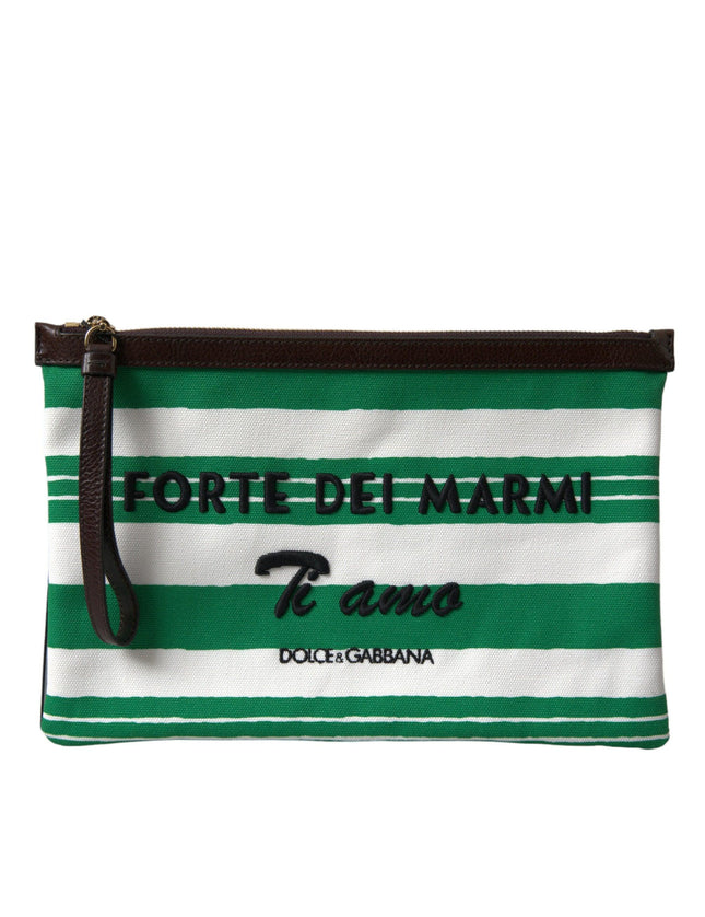 Dolce & Gabbana White Green Stripes Cotton Printed Clutch Bag - Ellie Belle
