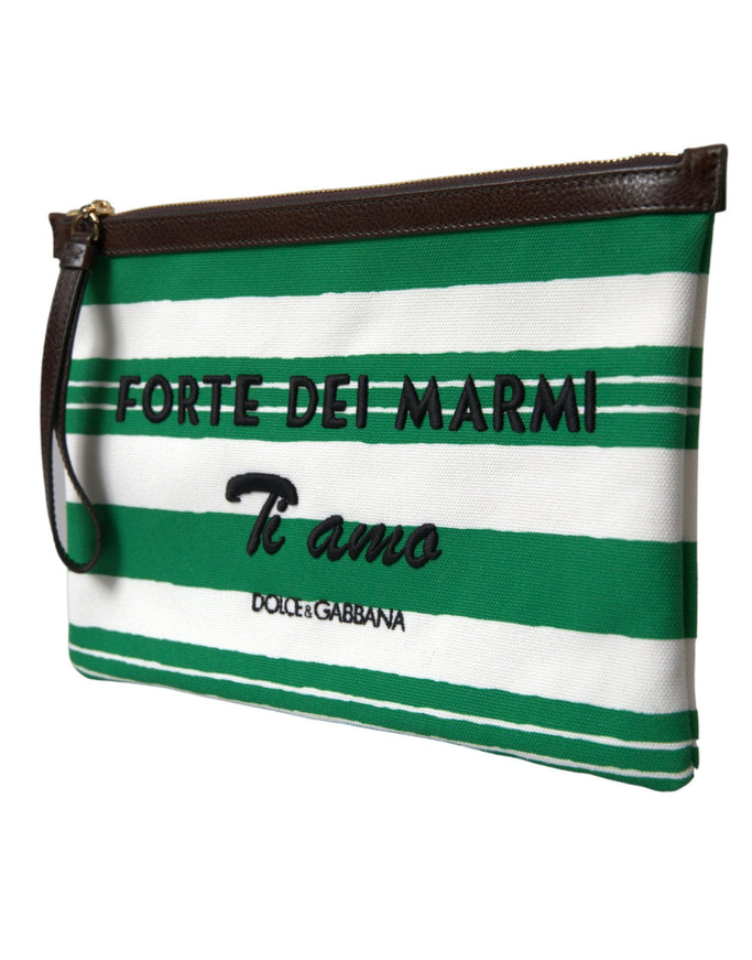 Dolce & Gabbana White Green Stripes Cotton Printed Clutch Bag - Ellie Belle