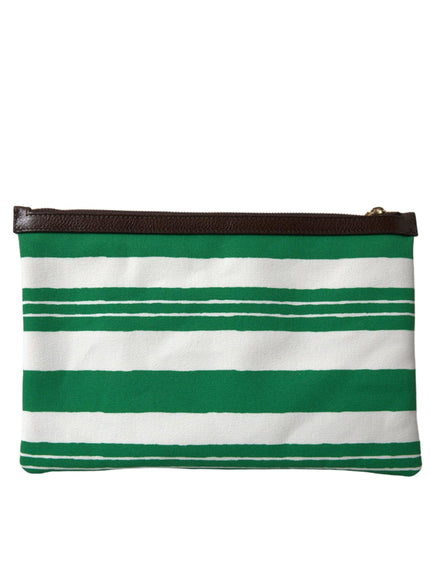 Dolce & Gabbana White Green Stripes Cotton Printed Clutch Bag - Ellie Belle