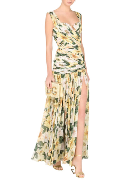 Dolce & Gabbana Camellia-Print Georgette Dress in Yellow