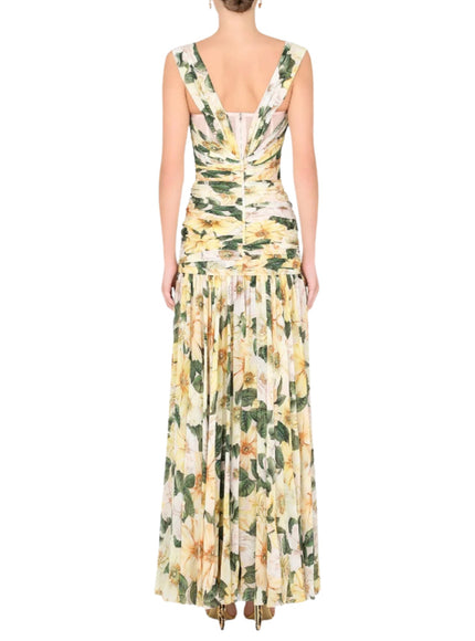 Dolce & Gabbana Camellia-Print Georgette Dress in Yellow