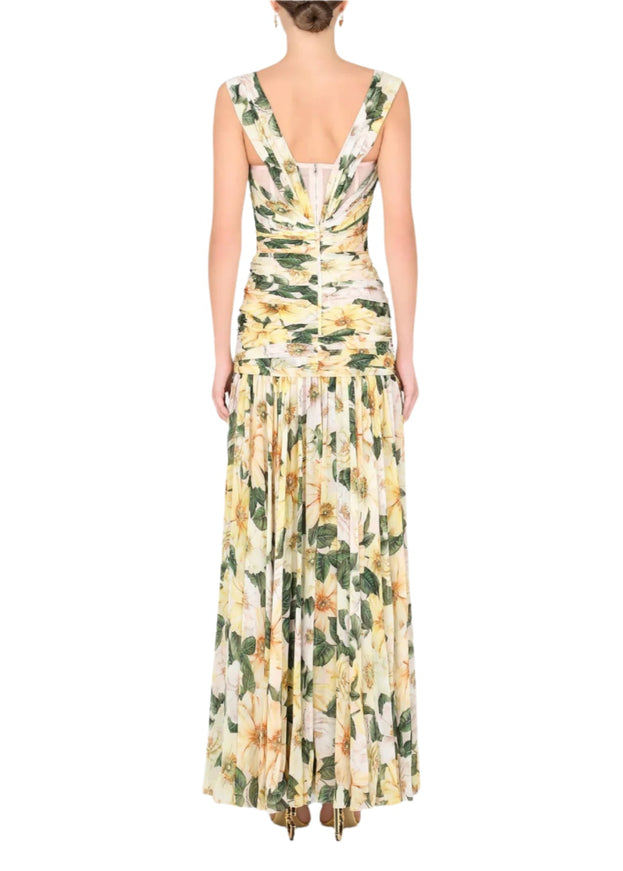 Dolce & Gabbana Camellia-Print Georgette Dress in Yellow