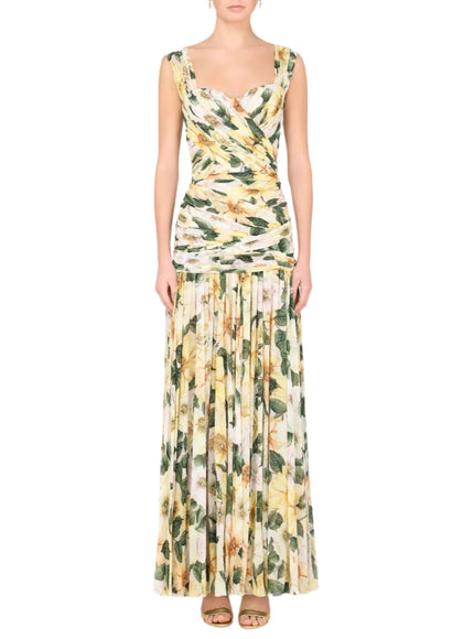 Dolce & Gabbana Camellia-Print Georgette Dress in Yellow