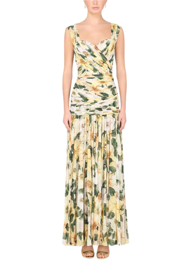 Dolce & Gabbana Camellia-Print Georgette Dress in Yellow