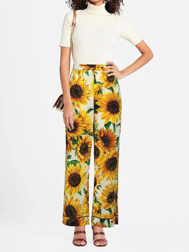 Dolce & Gabbana White Sunflower Print Wide Leg Pants