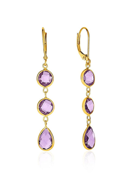 Drop Earrings with Round and Pear-Shaped Amethysts in 14k Yellow Gold - Ellie Belle