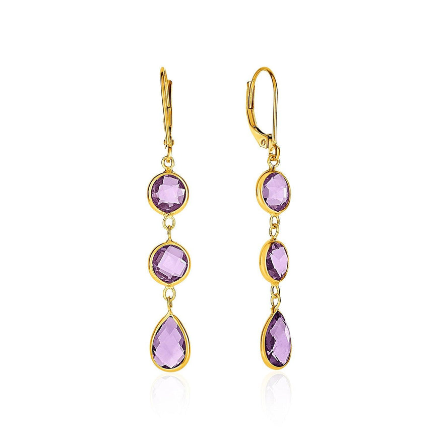 Drop Earrings with Round and Pear-Shaped Amethysts in 14k Yellow Gold - Ellie Belle