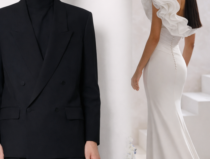 Man in a black suit standing next to a woman in a white wedding dress on a white background