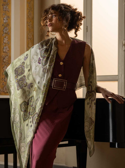 Elizabetta Venere Modal Cashmere Scarf in Mint Green, styled view