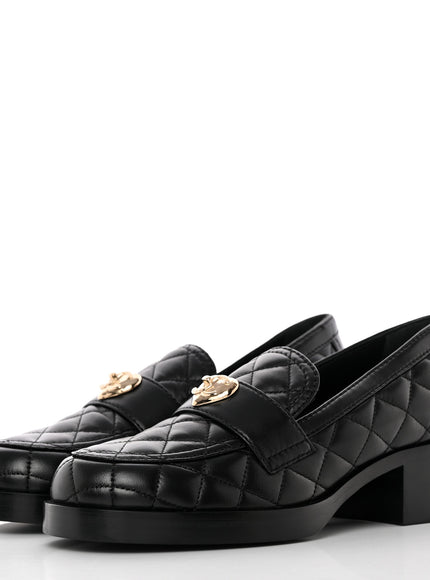 Chanel CC Quilted Heart Heel Loafers Black Lambskin Light Gold