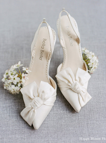 Bella Belle Rhodes Ivory Silk Bow Removable Ankle Strap Heels