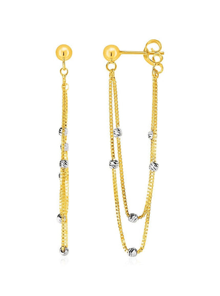 Hanging Chain Post Earrings with Bead Accents in 14k Yellow and White Gold - Ellie Belle