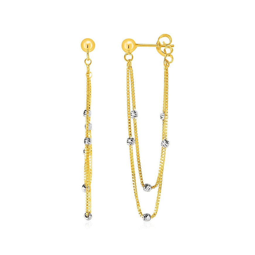 Hanging Chain Post Earrings with Bead Accents in 14k Yellow and White Gold - Ellie Belle