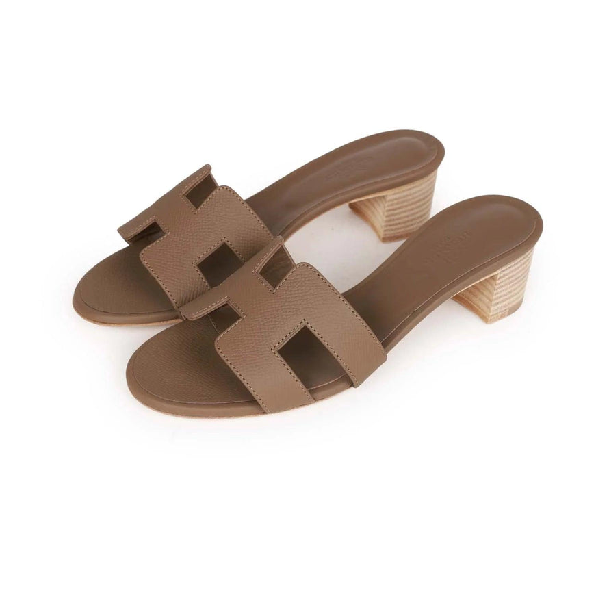 Hermès Oasis Sandals Etoupe Epsom Block Heels 41 - Ellie Belle