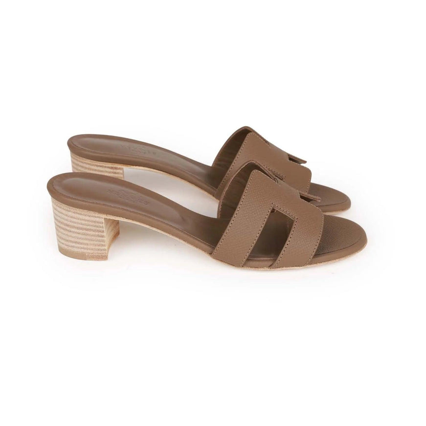 Hermès Oasis Sandals Etoupe Epsom Block Heels 41 - Ellie Belle