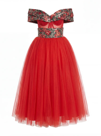 Dolce & Gabbana Red Off-Shoulder A-Line Tulle Dress