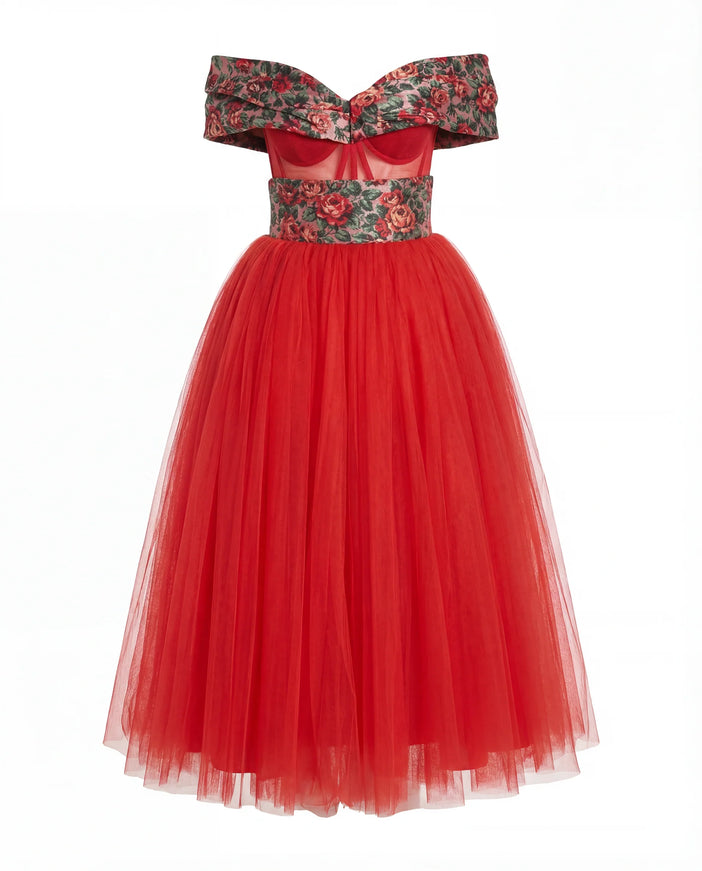 Dolce & Gabbana Red Off-Shoulder A-Line Tulle Dress