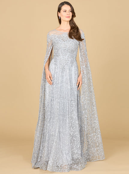 Lara Lace Gown with Dramatic Cape Sleeves Slate