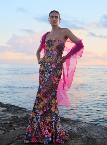 Anne Barge Isela Garden Sequin Strapless Column Gown