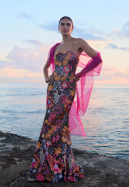 Anne Barge Isela Garden Sequin Strapless Column Gown