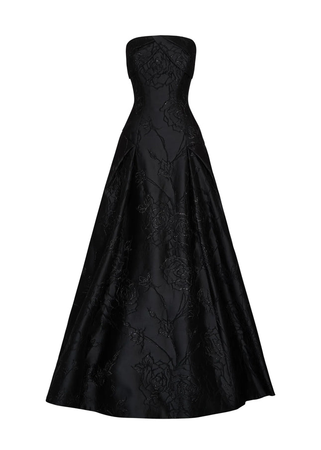 Anne Barge Letizia Camellia Vine Jacquard Strapless Ballgown