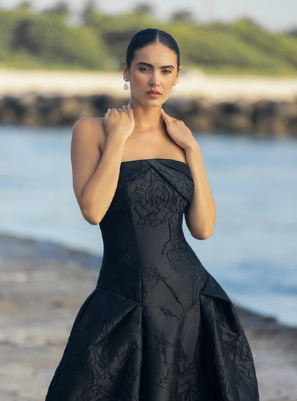 Anne Barge Letizia Camellia Vine Jacquard Strapless Ballgown