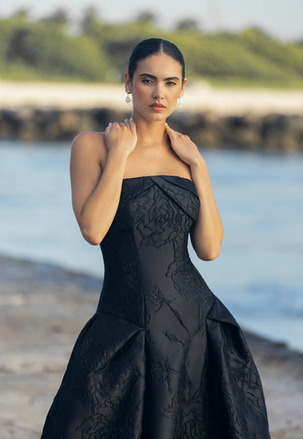 Anne Barge Letizia Camellia Vine Jacquard Strapless Ballgown