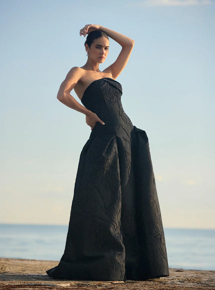 Anne Barge Letizia Camellia Vine Jacquard Strapless Ballgown