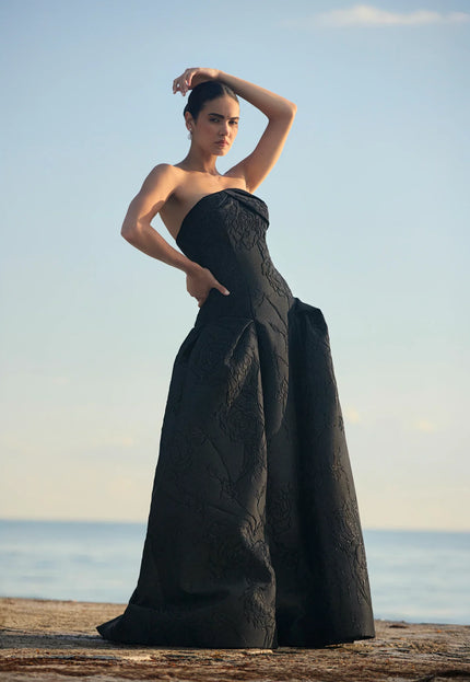 Anne Barge Letizia Camellia Vine Jacquard Strapless Ballgown