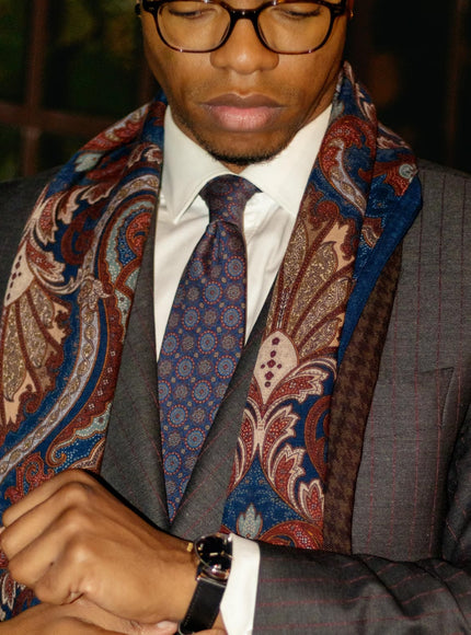 Elizabetta Aosta Wool Scarf in Burgundy, Blue & Brown