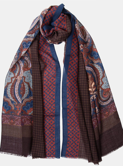 Elizabetta Aosta Wool Scarf in Burgundy, Blue & Brown