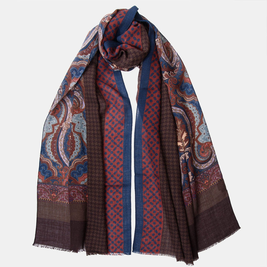 Elizabetta Aosta Wool Scarf in Burgundy, Blue & Brown