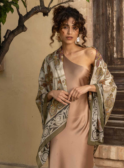 Elizabetta Venere Modal Cashmere Scarf in Olive Green, alternate styled view