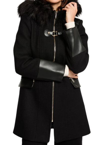 Morgan de Toi Black Wool Coat with Faux Fur Hood