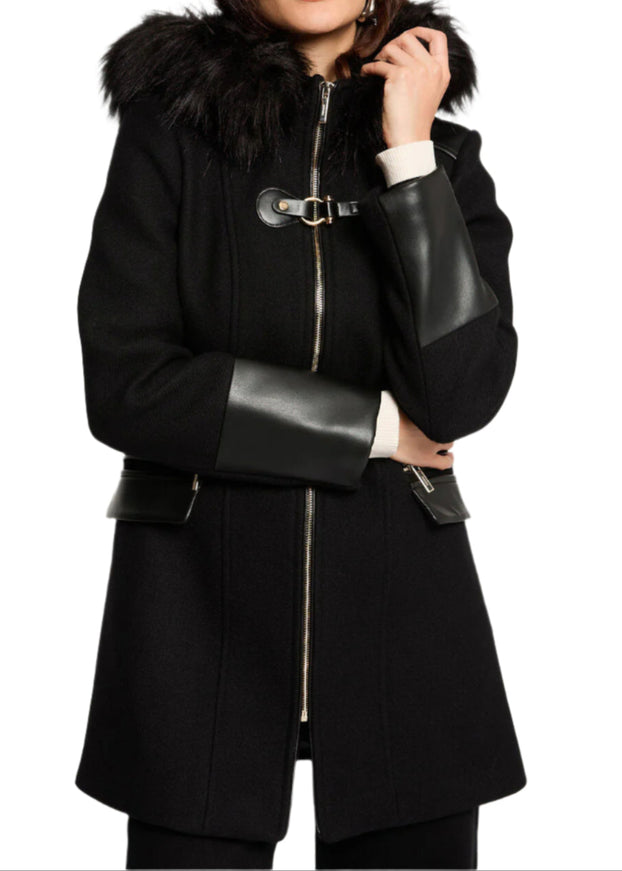 Morgan de Toi Black Wool Coat with Faux Fur Hood