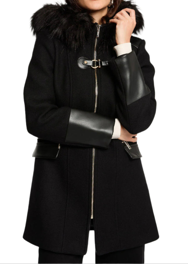 Morgan de Toi Black Wool Coat with Faux Fur Hood