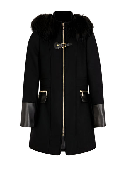 Morgan de Toi Black Wool Coat with Faux Fur Hood