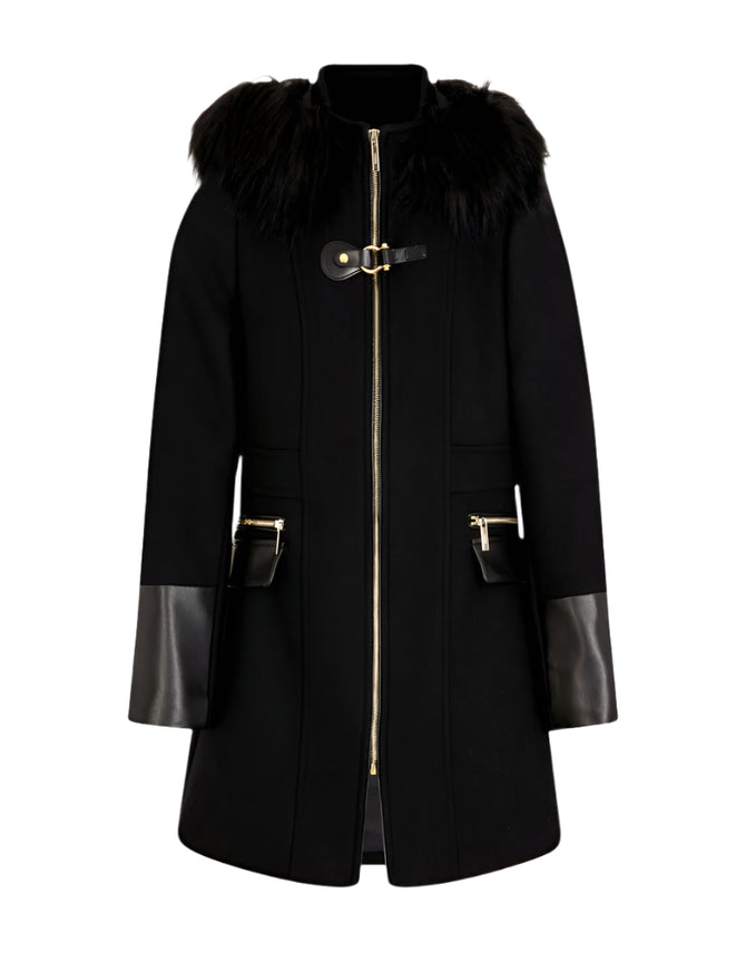Morgan de Toi Black Wool Coat with Faux Fur Hood