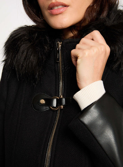 Morgan de Toi Black Wool Coat with Faux Fur Hood
