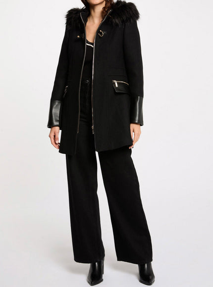 Morgan de Toi Black Wool Coat with Faux Fur Hood
