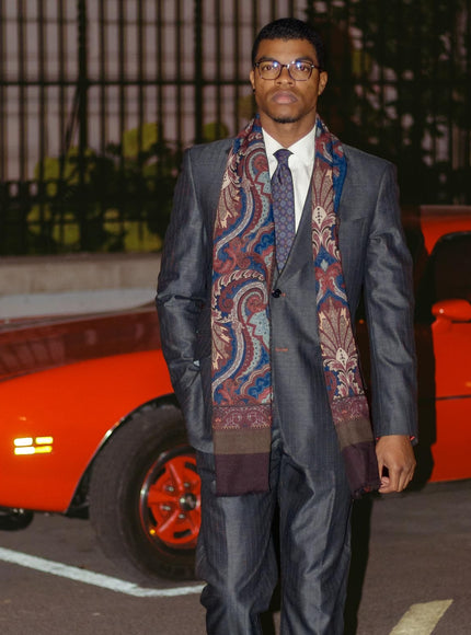 Elizabetta Aosta Wool Scarf in Burgundy, Blue & Brown