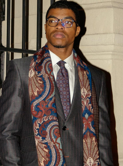 Elizabetta Aosta Wool Scarf in Burgundy, Blue & Brown